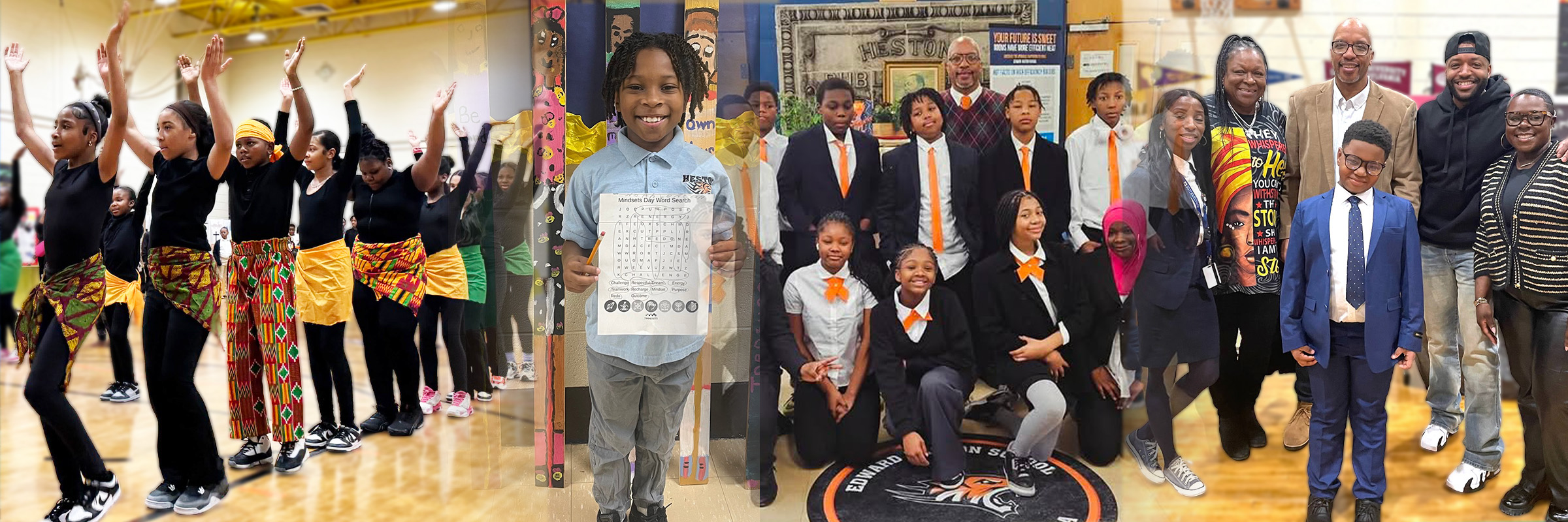 Collage of students, families, and staff at Edward Heston School in Philadelphia participating in performances, classroom activities, leadership programs, and community events.