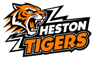 Athletic-style Heston Tigers logo featuring a roaring orange, black, and white tiger head above bold “Heston Tigers” typography with dynamic lightning-inspired graphic elements.